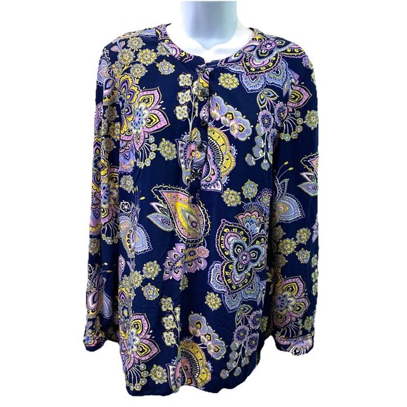 Talbots Womens Tunic Top Navy Blue Pink Paisley Button LS Classic Career Sz L - Picture 1 of 9